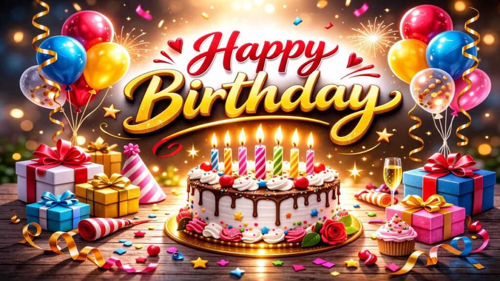 Colorful birthday cake with candles, balloons and gifts – 100+ Best Birthday Wishes and messages 2026