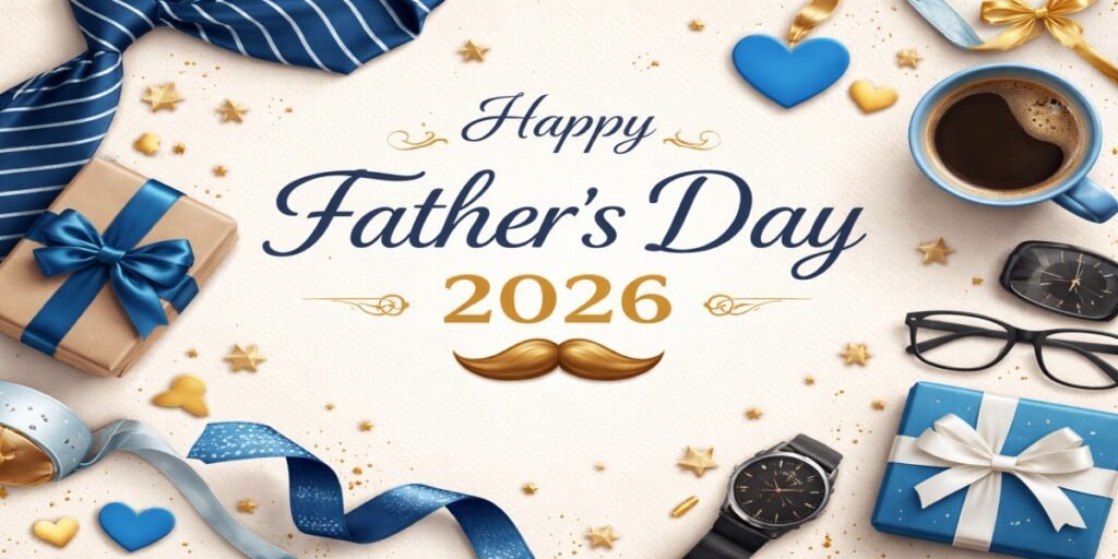 Happy Father’s Day 2026 wishes greeting with tie and gifts