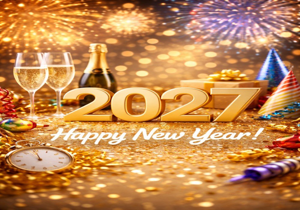 Happy New Year Wishes 2027 celebration with fireworks champagne and golden 2027 numbers