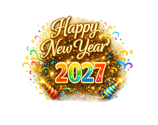 Festive Happy New Year Wishes 2027 celebration with fireworks and party decorations