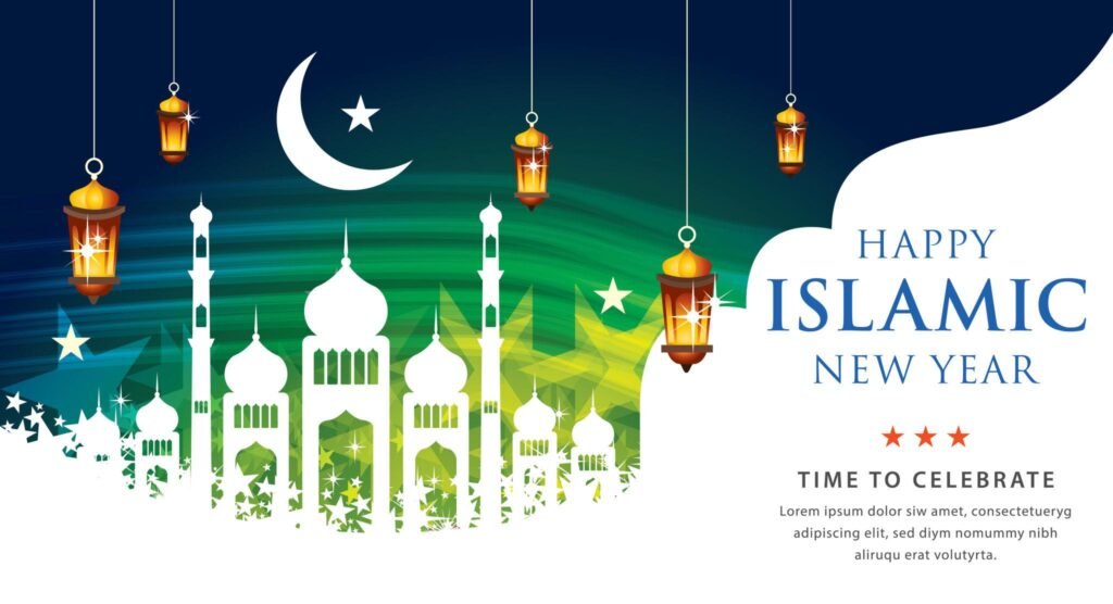 Islamic New Year Wishes 2026 crescent moon and mosque celebration banner