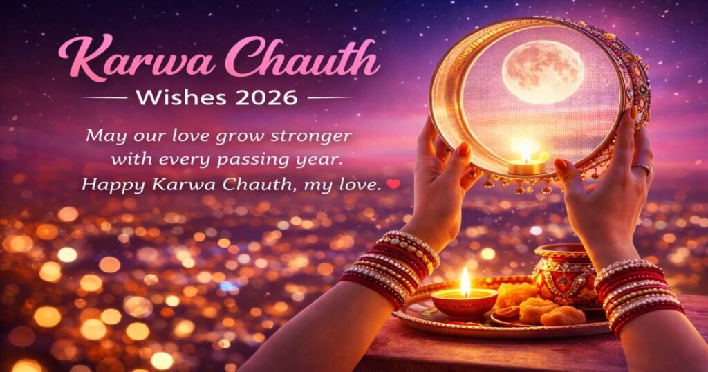 Karwa Chauth Wishes 2026 romantic greeting image with moon and traditional thali