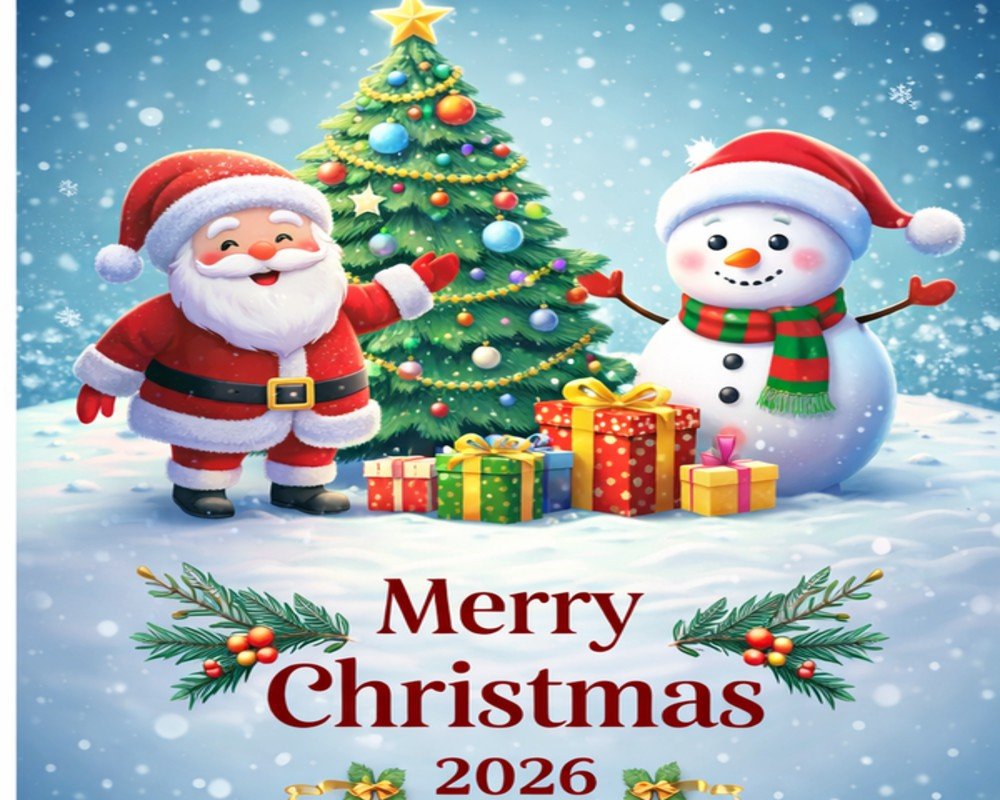Merry Christmas 2026 image with Santa Claus, Christmas tree, snowman and winter festive background”