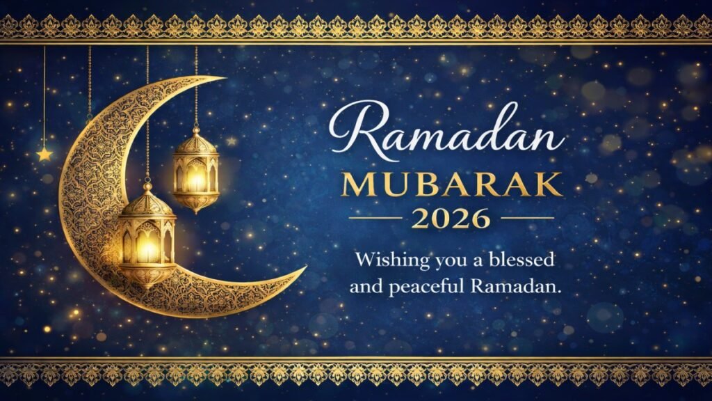 Ramadan Mubarak Wishes 2026 Islamic greeting with crescent moon and lantern