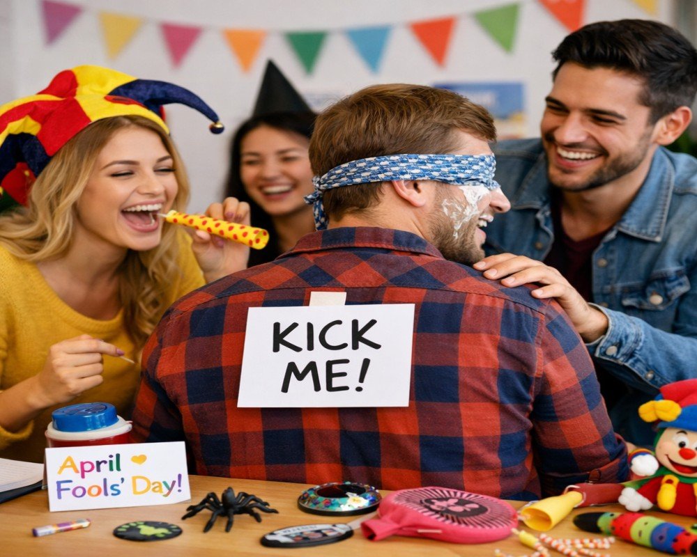 Friends enjoying a funny prank during April Fools' Day celebration.April Fools' Day Wishes