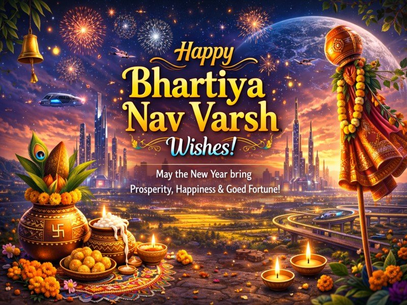 Bhartiya Nav Varsh wishes celebration with traditional kalash gudi diya and festive decorations