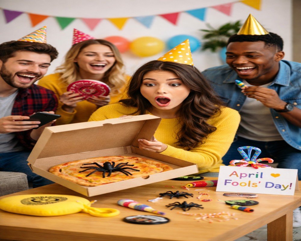 Friends enjoying a funny prank during April Fools' Day celebration.