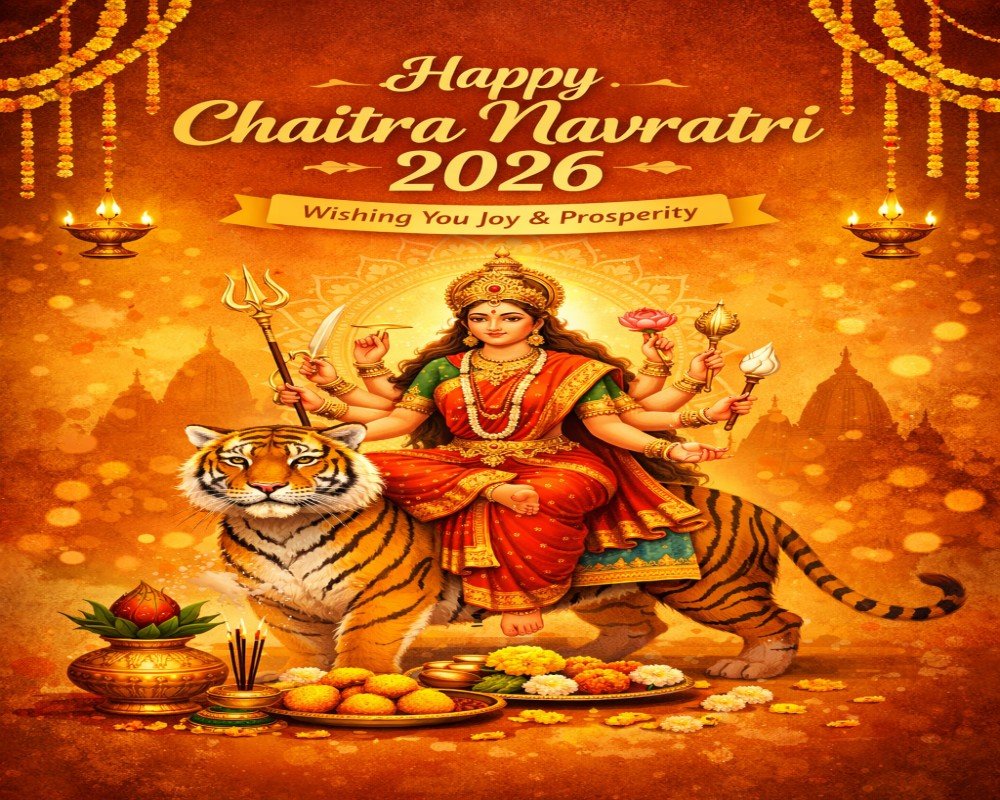 Happy Chaitra Navratri Wishes 2026 wishes greeting with Maa Durga illustration