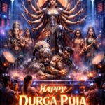 “Happy Durga Puja Wishes futuristic image of Goddess Durga with glowing lights and modern pandal theme”