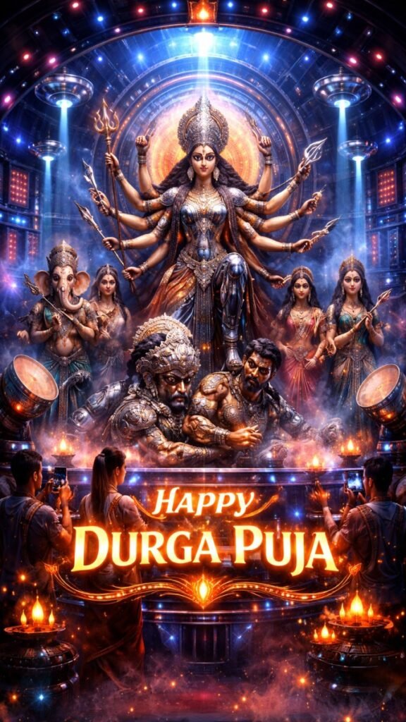 “Happy Durga Puja Wishes futuristic image of Goddess Durga with glowing lights and modern pandal theme”