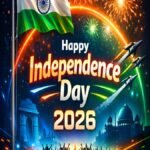 Independence Day Wishes 2026 image with Indian flag, fireworks and patriotic celebration”