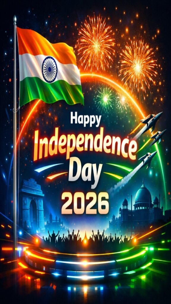 Independence Day Wishes 2026 image with Indian flag, fireworks and patriotic celebration”