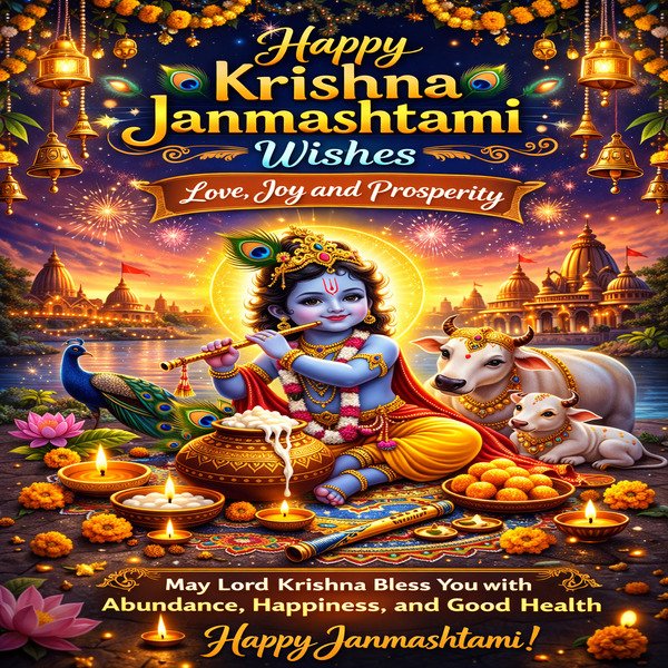 Happy Krishna Janmashtami wishes image with baby Krishna flute and festive decorations