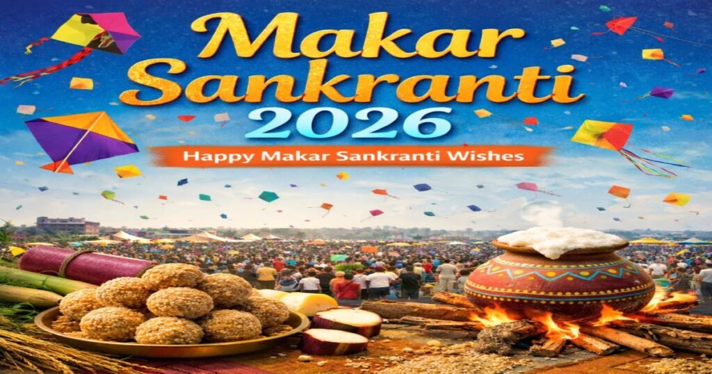 Happy Makar Sankranti 2026 festival banner with colorful kites flying in the sky, tilgul laddoos, sugarcane, and traditional Pongal pot over fire during celebration in India.”
