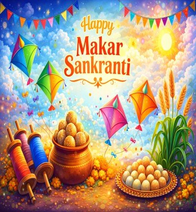 Happy Makar Sankranti 2026 festival banner with colorful kites flying in the sky, tilgul laddoos, sugarcane, and traditional Pongal pot over fire during celebration in India.”
