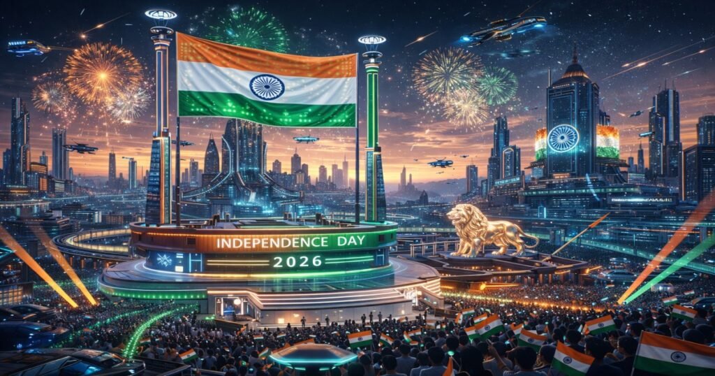 Independence Day Wishes 2026 futuristic image with Indian flag, fireworks, modern city skyline and patriotic crowd