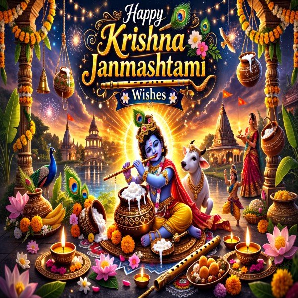 Krishna Janmashtami Wishes celebration with festive decorations and traditional elements