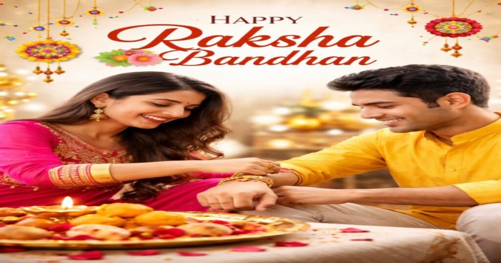 Raksha Bandhan Wishes.Brother and sister celebrating Raksha Bandhan festival