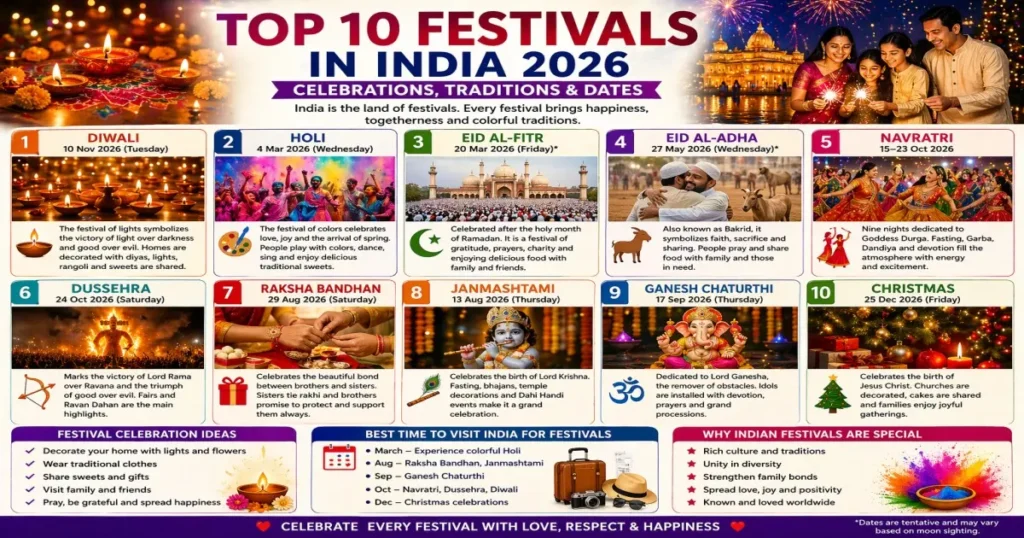 Top 10 Festivals in India 2026 colorful celebration collage image