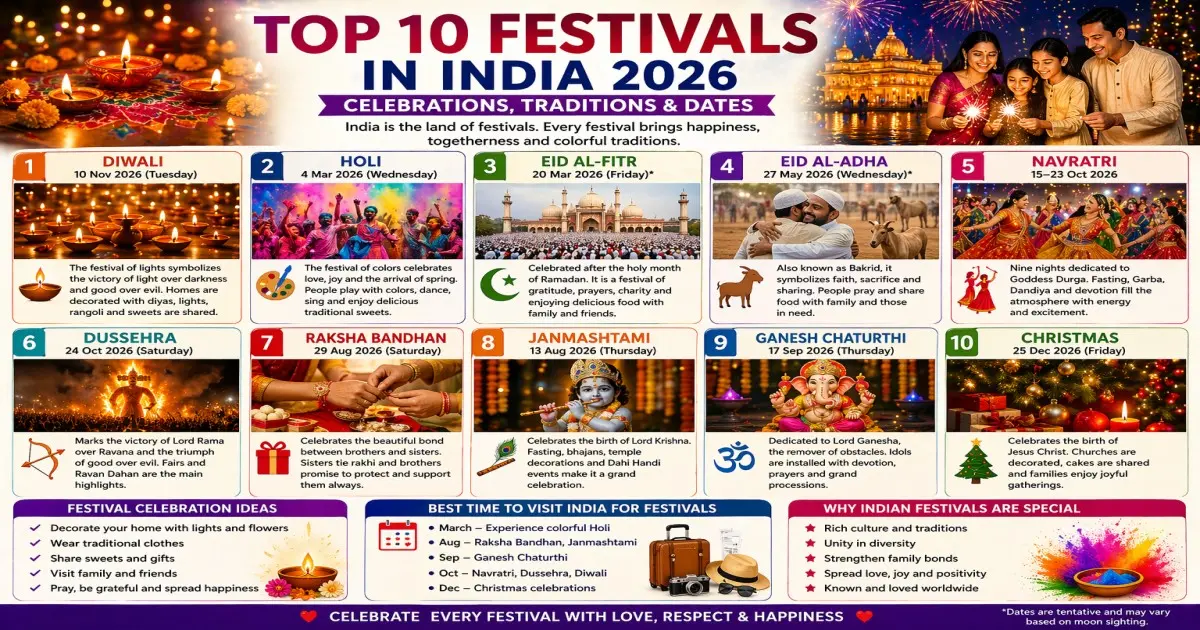 Top 10 Festivals in India 2026 – Dates, Meaning & Celebrations Guide