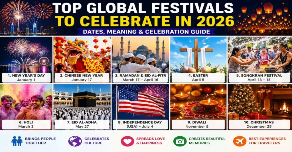 Top Global Festivals to Celebrate in 2026 showing Diwali Christmas Holi Eid New Year and famous world celebrations