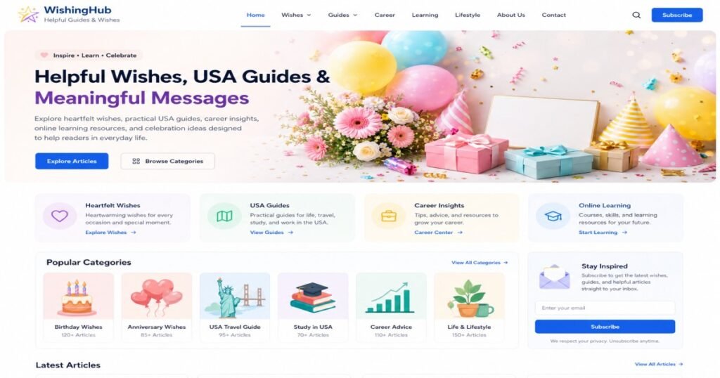 “WishingHub homepage banner featuring helpful guides and wishes”