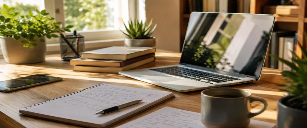 Modern workspace with laptop, notebook, books and coffee mug on a clean desk